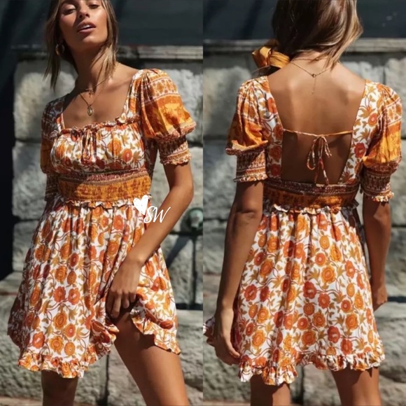 Boho Floral Gypsy Print Milkmaid Dress Yellow - Picture 2 of 11